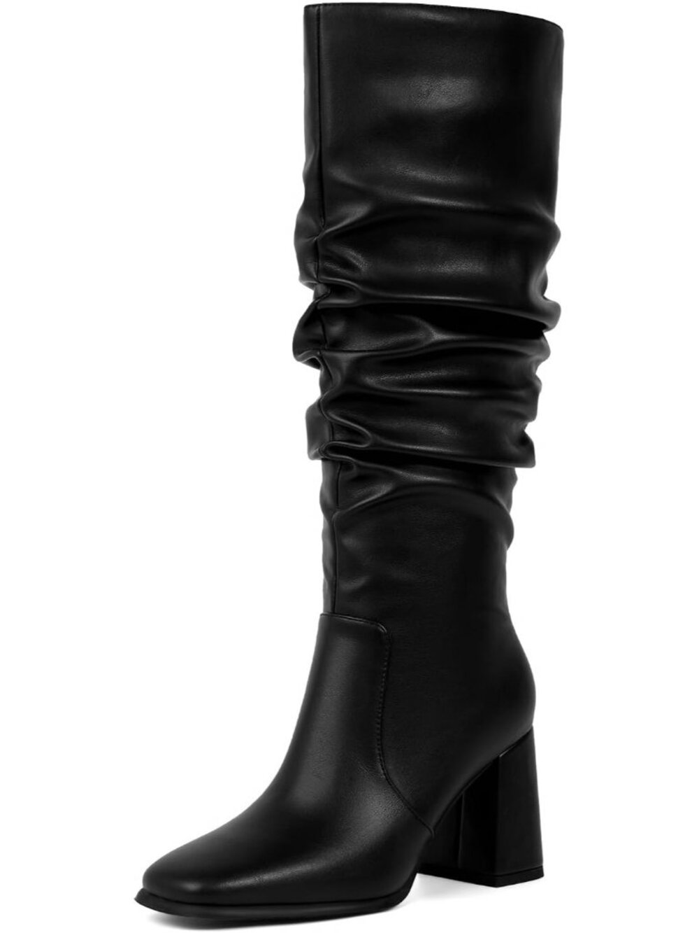 Womens Black Square Toe Chunky Heel Side Zipper Knee High Tall Gogo Boot Shoes